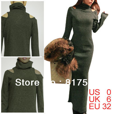 Women Cut Out Shoulder Turtleneck Black Gray Knitted Slim Fit Maxi Dress