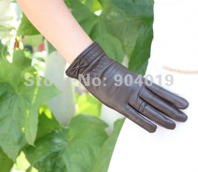 Women Deluxe Genuine Lambskin Leather Bowknot Wrist Gloves Evening Gloves