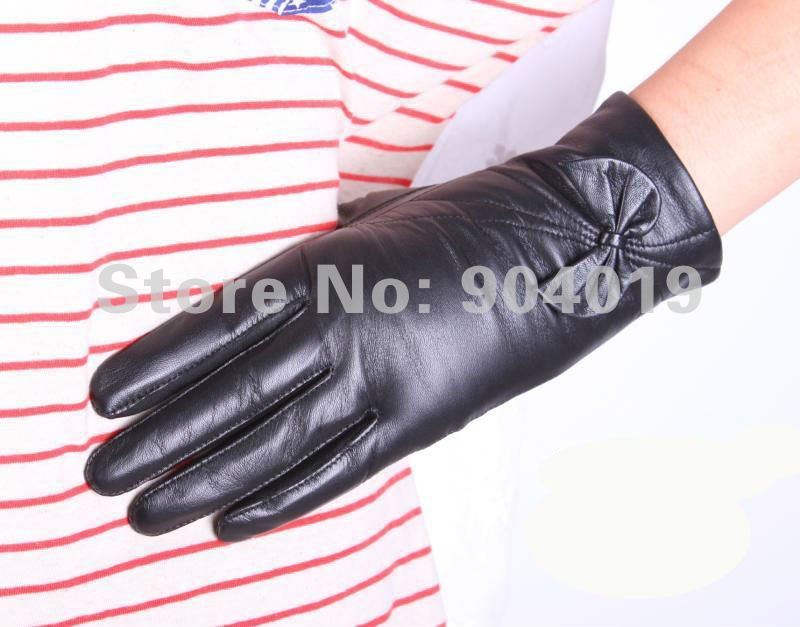 Women Deluxe Genuine Lambskin Leather Wrist Gloves Evening Gloves Bowknot 3 lines