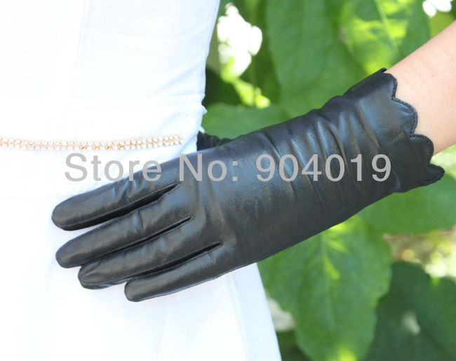 Women Deluxe Genuine Leather Wrist Gloves Evening Gloves Silk Lining Black