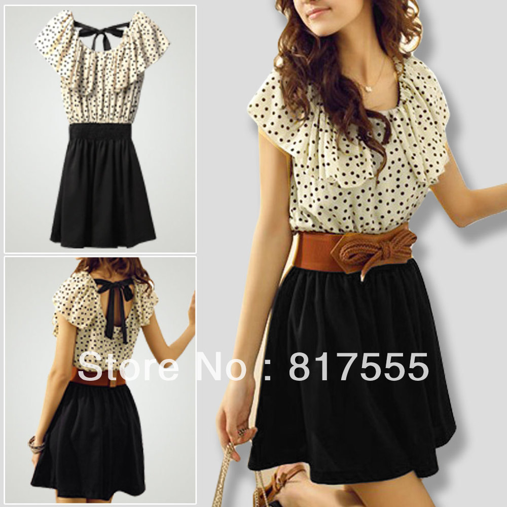 Women Dots Print Flouncing Collar Elastic Waist Summer Dress Off White Black S