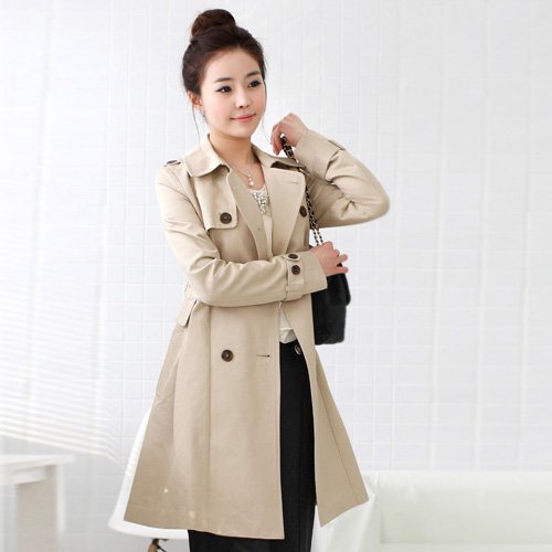 women Double-breasted lapel Slim fit  Long trench coat - apricot (with belt)#90502