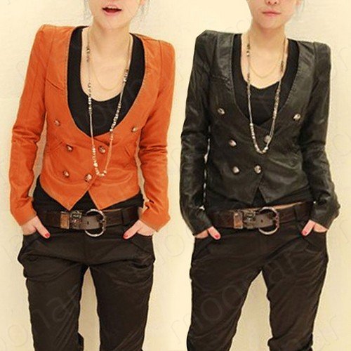 Women double Button Pu Leather Short Tops Fit Autumn Coat Casual Jackets E0781