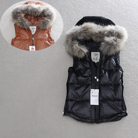 Women down vest PU leather large fur collar knitted down vest female