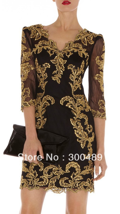 Women dress Metallic gold lace embroidered min Baroque mesh dress long sleeve sleeve DP274