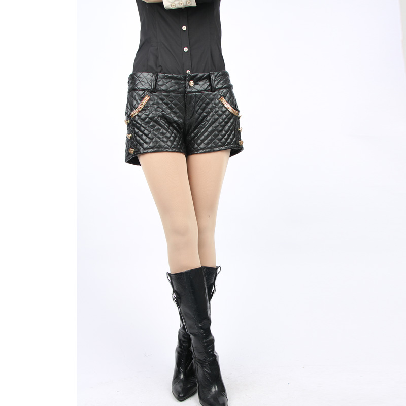 women dress  plus size 23k26 2012 PU plaid winter plus cotton black brief shorts boot cut jeans leather pants female trousers