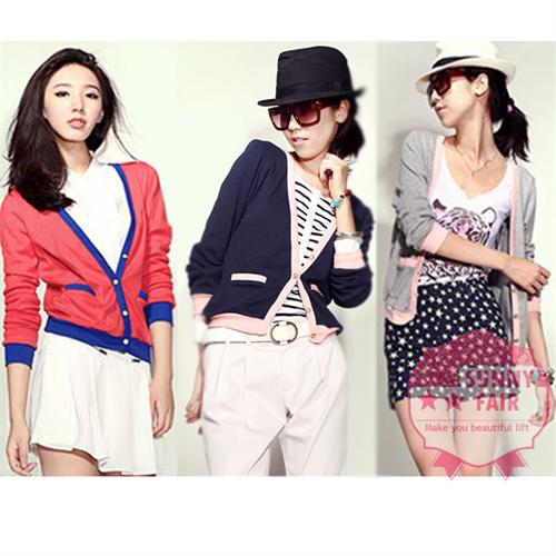 Women Elasticity Bilateral Pocket Single Row Of Button Hit Color Short Knit Coat