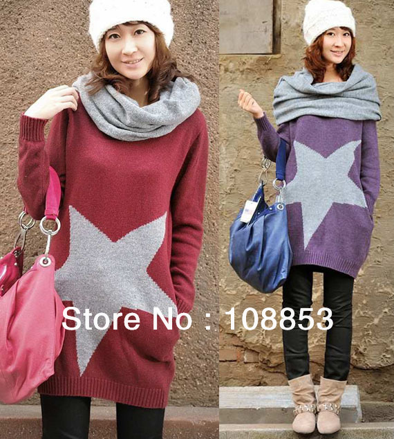 Women Elegant Medium-Long Loose Five-Pointed Star Knitted Sweater Outerwear Muffler Scarf Twinset 5 Color Free Shipping CMS-0014