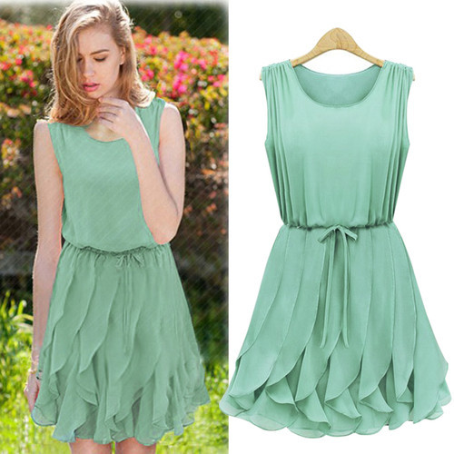 Women Elegant Mint Green Sleeveless Chiffon Dress S,M,L