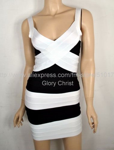 Women Evening Dresses New Fashion Bandage Formal Celebrity V Neck Black & White Cocktail Dress drop Shipping Wholesale