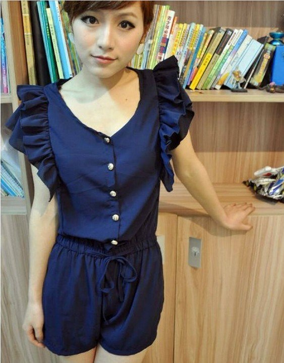 Women Fashion chiffon T shirt  V-neck Jumpsuit  sweet Rompers falbala ruffles Free Shipping 128