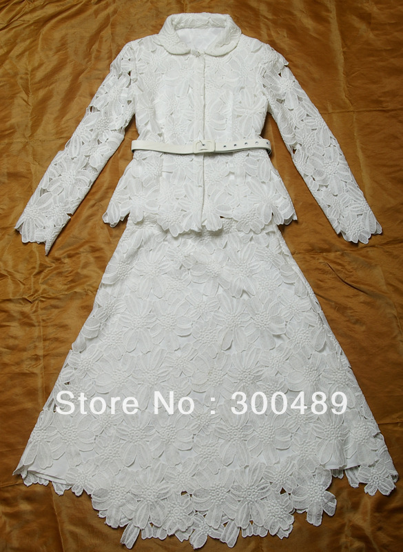 Women fashion dress luxury elegant cotton white flower long sleeve set dresses Elegant white suit