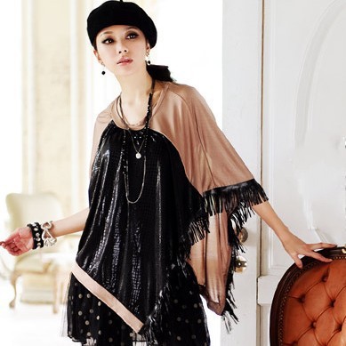 Women fashion faux leather patchwork scoop neck half batwing sleeves loose tassels shirt Free shipping