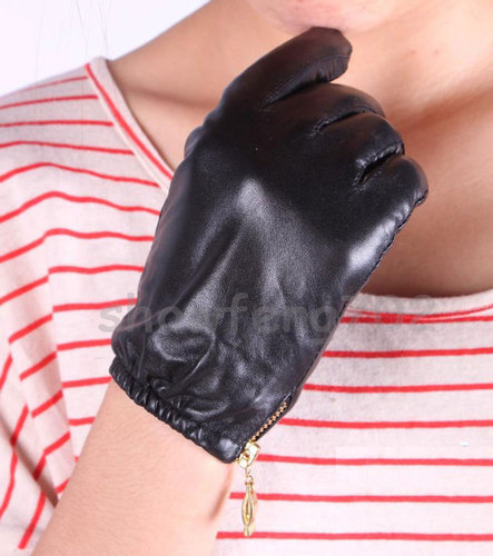 Women Fashion Genuine Lamb Leather Zipper Wrist Gloves Driving Evening Gloves Size M