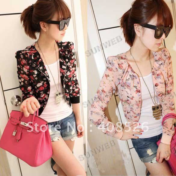Women Fashion Long Sleeve Floral Print Shrug Short Jacket Chiffon Top 3 Colors free shipping 7339