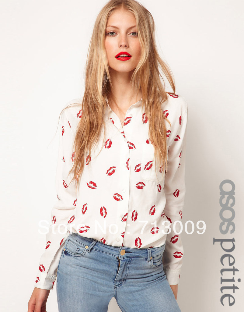 Women Fashion Long Sleeve Shirt Upper Cloth Red Lip Print Blouse 2 colors