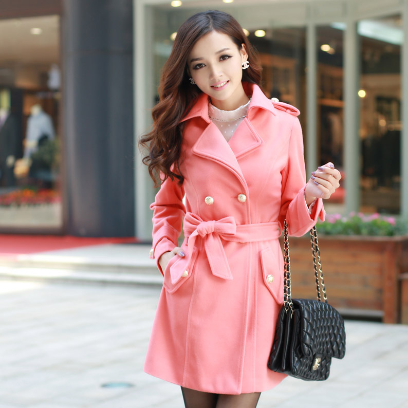 Women fashion pink woolen trench coat with belt Ladies big lapel winter woolen long overcoat M-XXL