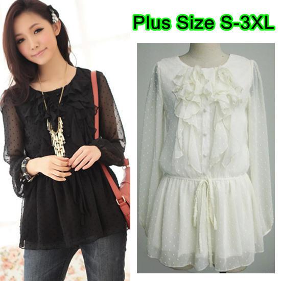 Women Fashion Plus Size Black White Long Sleeve Ruffled Front Dot Chiffon Shirt Round Neck Layered Chiffon Blouses Size S-3XL