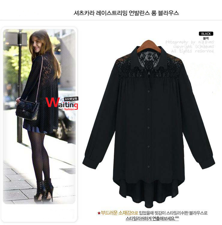 Women Fashion Plus size Loose Chiffon Black Lace Shirt, Ladies Chiffon Blouse Tops XL/XXL/XXXL/Freeshipping