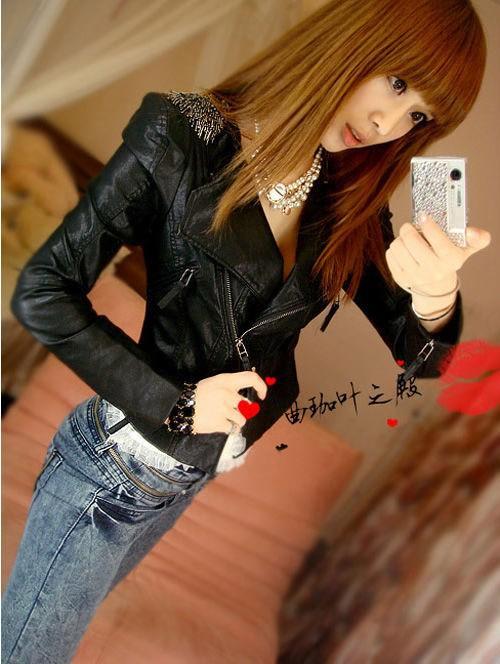 Women Fashion PU Leather Epaulet Slim Jacket Coat Black Monochromatic Outerwear