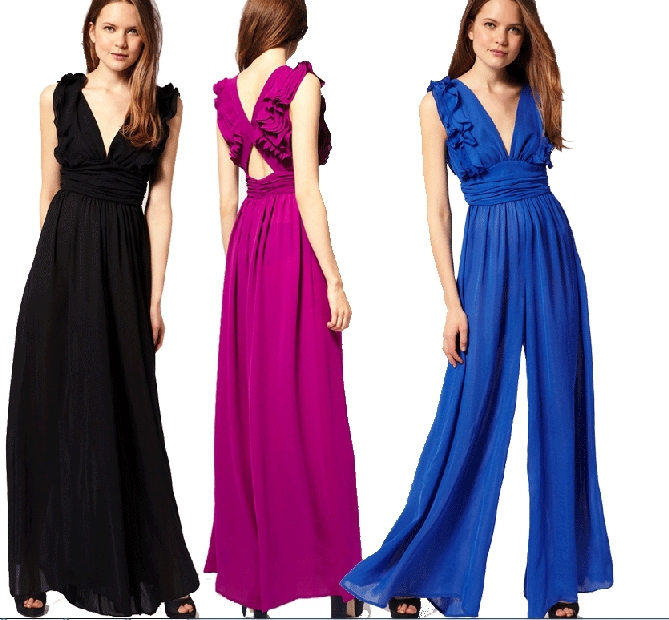 women fashion ruffles wide leg pants jumpsuits chiffon high-waist rompers sexy depth V-neck culottes