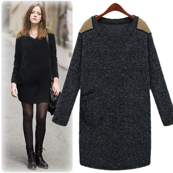 women Fashion sheep sweater dress loose knitted sweater one-piece dress basic V-neck long-sleeve dress short skirt