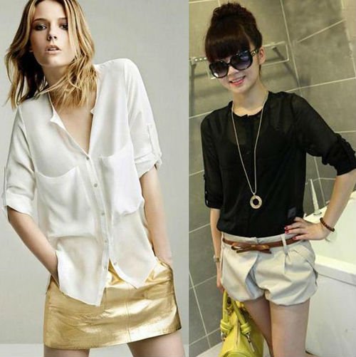 Women Fashion Simple Basic Sheer Chiffon Blouse T-Shirt With Pockets Free Shipping