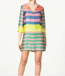 WOMEN FASHION SLEEVE V-NECK MULTICOLOR STRIPE TUNIC DRESS