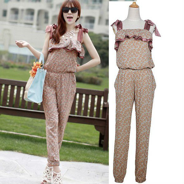 Women Fashion Sleeveless Romper Strap long Jumpsuit Scoop Floral fashion strap pants Size: M, L free shopping W786