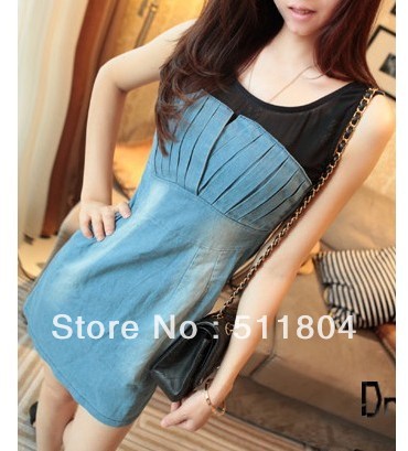 Women Fashion Spring Autumn Sweet Slim Tube Top Patchwork Gauze Denim Tank One-piece Dress, Free Shipping