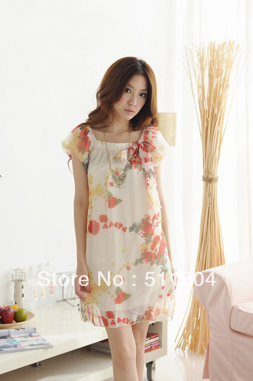 Women  Fashion Summer Chiffon Short-sleeve Loose Breathable Elegant One-piece Dress