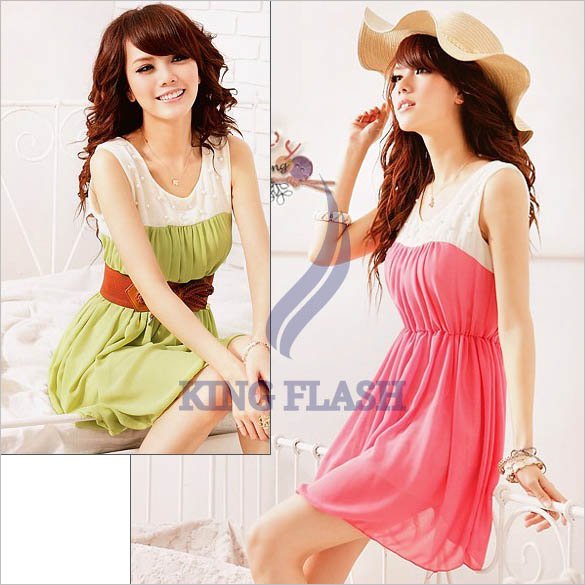 Women Fashion Summer Crew Neck Casual Chiffon Sleeveless Sundress Mini Dress free shipping