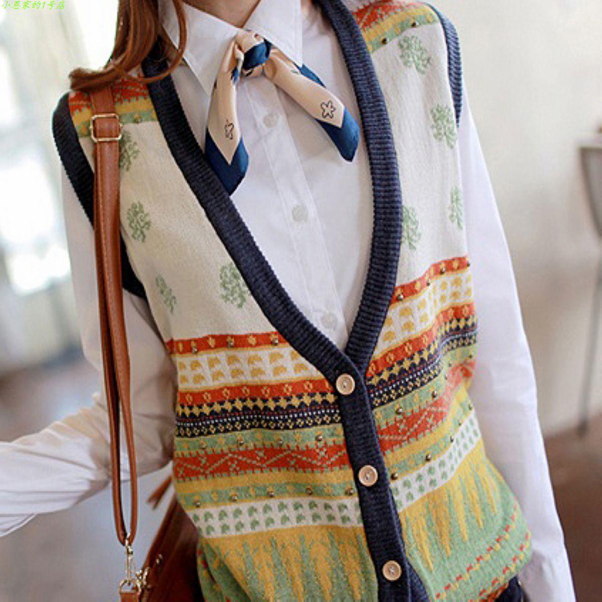women Fashion V-neck geometric graphic patterns cardigan knitted vest sweater 1242 female hot sale