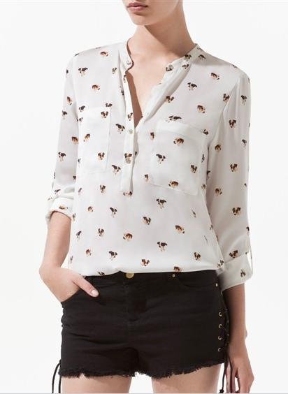 WOMEN FASHION V-NECK ROLL UP SLEEVE POCKETS DOG PRINT SHIRT