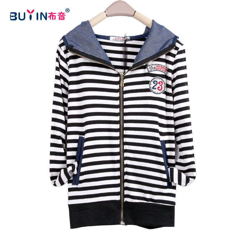 Women fashion water wash slim stripe with a hood zipper long-sleeve small cardigan