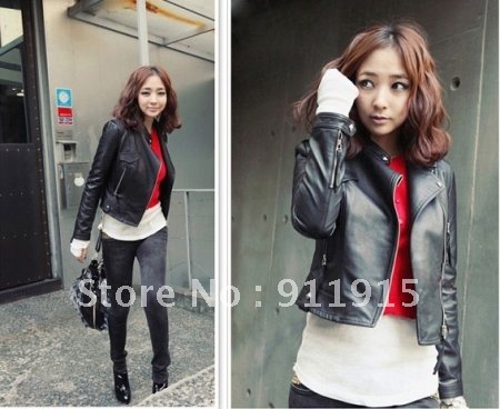 women faux leather zip-up,cropped PU leather jacket, ladies' coat, free shipping