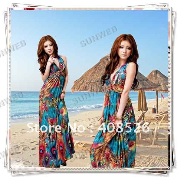 Women Floral Long Dresses Skirt Full-Length Bohemian Flower Printing Tube Boho Dress 2662