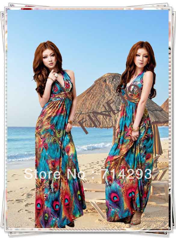 Women Floral Long Dresses Skirt Full-Length Bohemian Flower Printing Tube Boho Dress 2662