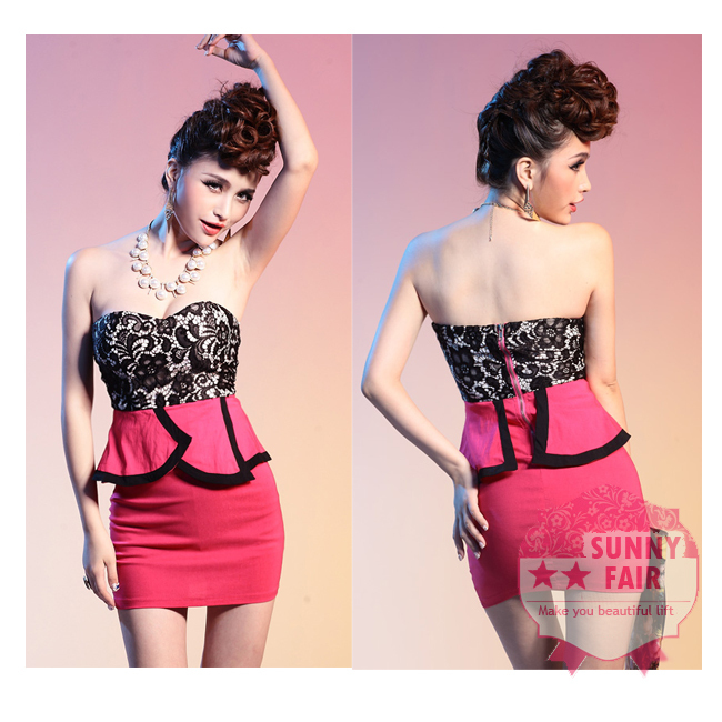 Women Flouncing Strapless Split joint Lace Hip Package Hit Color Bodycon Dresses Sexy Clubwear Free Shipping