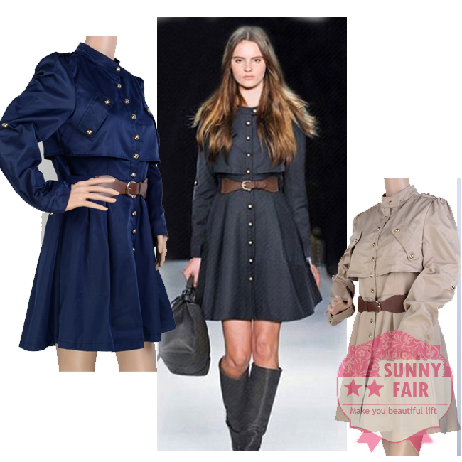 Women Folds Retro Stand Collar Leather Belt Bottons Waist Wrap Dress Long Coat