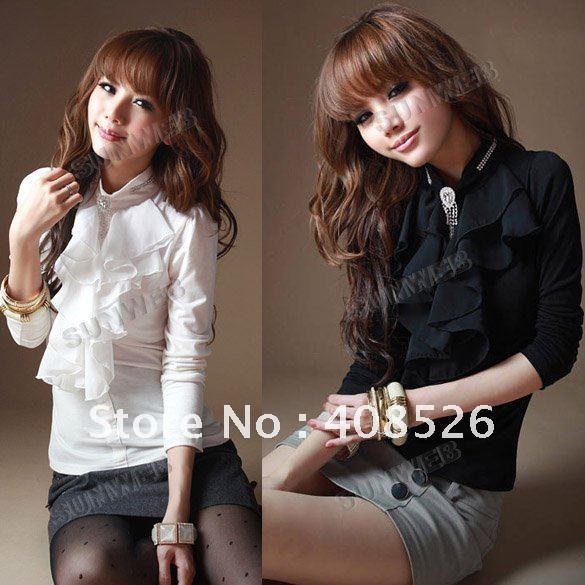Women Frilled High Collar Tops Chiffon Blouse T-shirts Sweet White Black Rhinestone 3346
