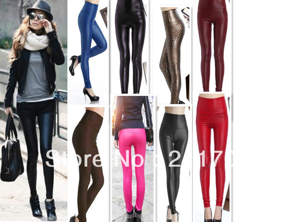 Women Funky Faux Leather High Waisted Shiny Skinny Elastic Tights Leggings Lady Sexy Pants Free shipping