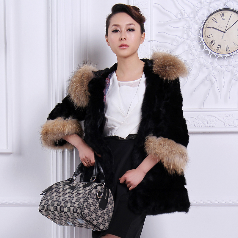 Women fur coat fashion Genuine Rabbit rex fur velvet coat/jacket with raccoon fur collar 2871A