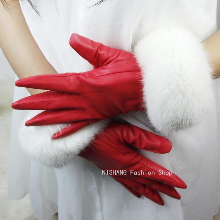 Women Genuine Leather Gloves  with  Rabbit Fur cuff  Size M L
