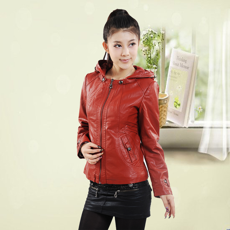 Women genuine leather jacket women outerwear lady fashion short design motorcycle slim detachable cap women's leather jackets