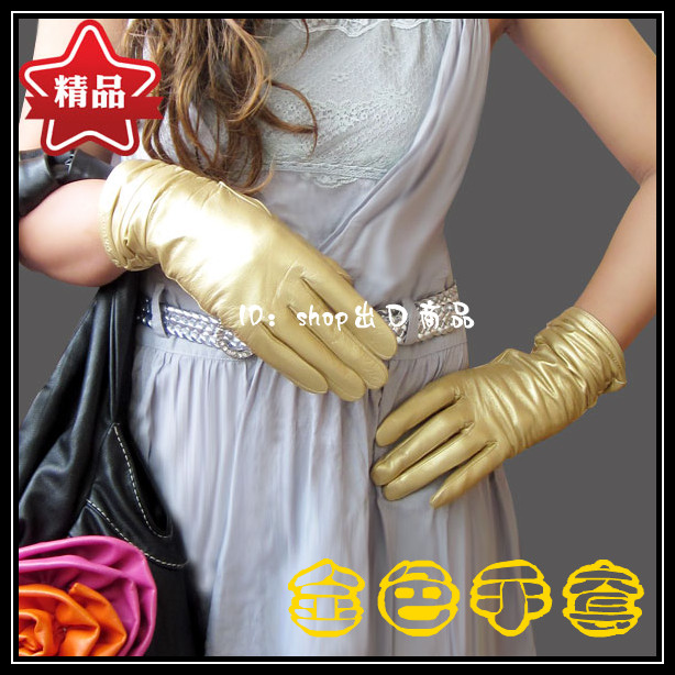 Women genuine leather sheepskin gloves gold pleated classic fashion winter autumn