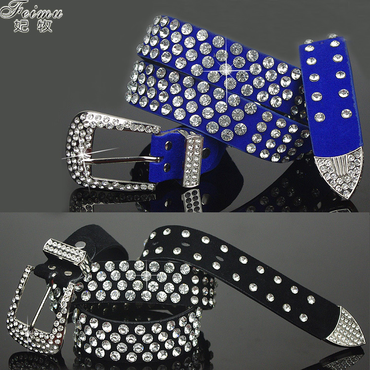 Women genuine leather strap velvet ladies cowhide diamond rhinestone belt fashion quality