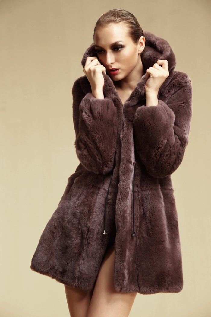Women Genuine Rex Rabbit Fur Coat With Hoody  Fashion Ladies' Long Slim Hooded Trench Outwear Garment   QD6350    A   G