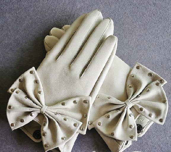 Women gloves big bow rivet genuine leather semi-finger gloves women sheepskin gloves free shipping