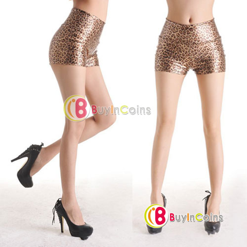 Women Gold Leopard High Waist Faux Leather Skinny Short Pants Hot Casual Tights [23935|99|01]